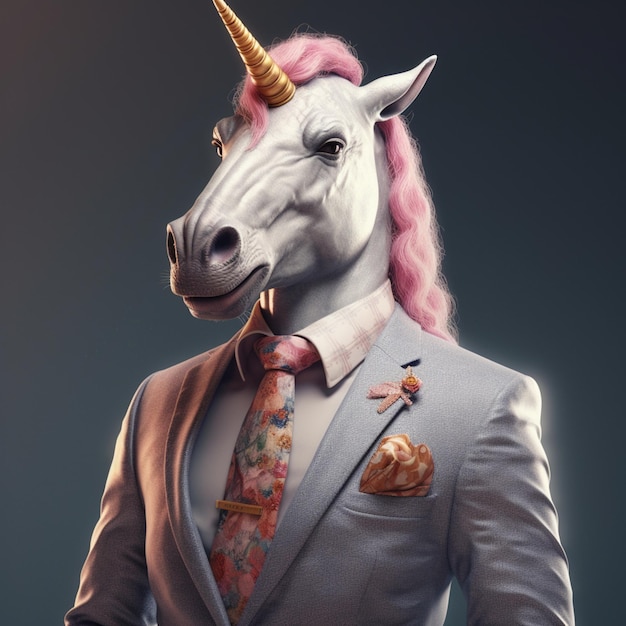 Unicorno antropomorfo vestito con un abito IA generativa