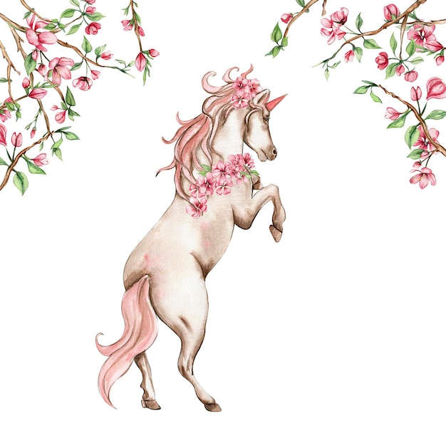 Unicorno bianco con ali rosa e fiori rosa