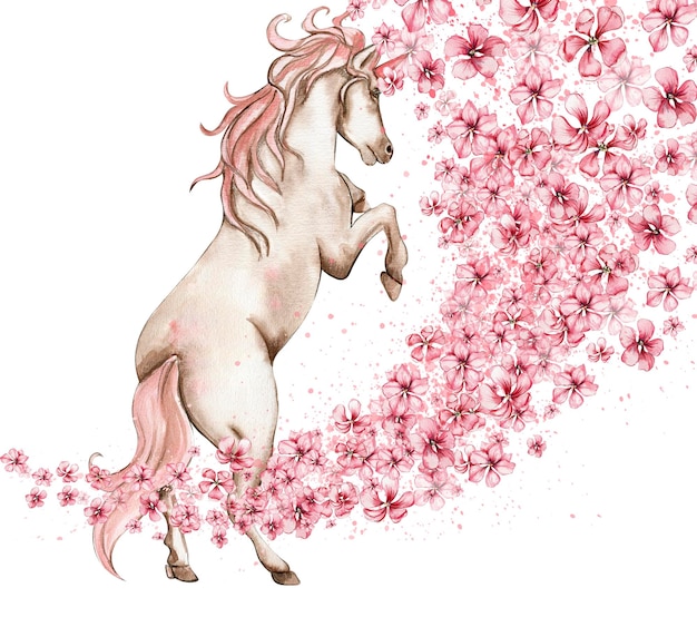 Unicorno bianco con ali rosa e fiori rosa