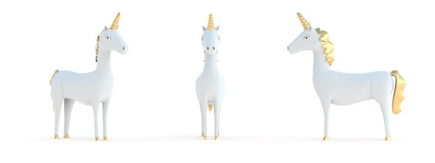 Unicorno bianco e oro su sfondo bianco rendering 3d