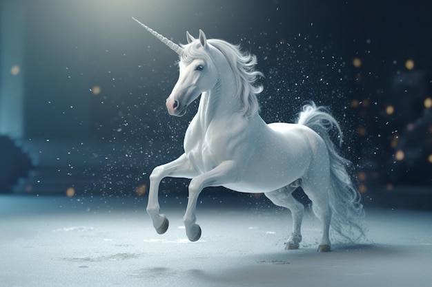 Unicorno bianco in un posto innevato AI generativa