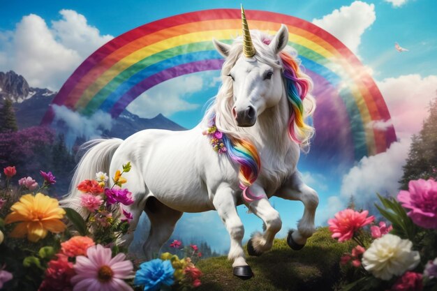 Unicorno bianco Pegasus pony cavallo in paradisoKawaii carina favola dolce sognante arcobaleno pastello chiaro