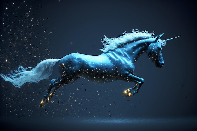 Unicorno blu che vola nel cielo notturno