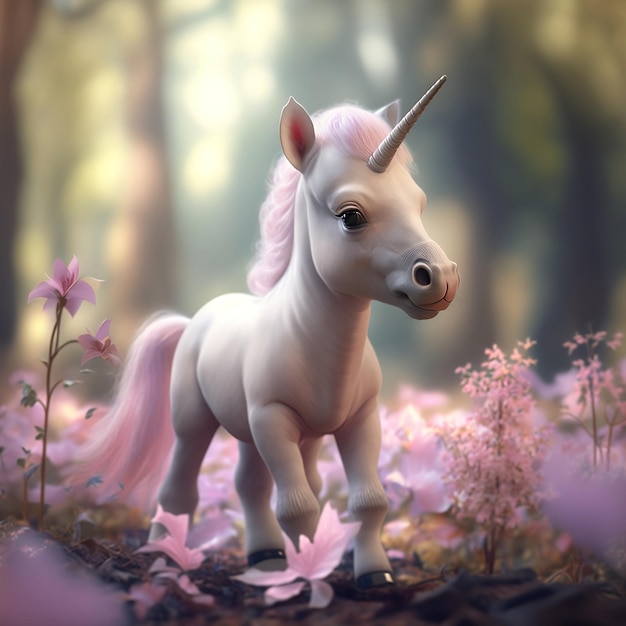 Unicorno carino con criniera rosa e coda si trova in un campo di fiori