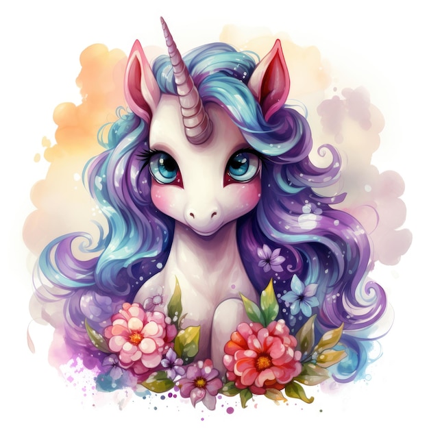 Unicorno carino con fiori AI generativa