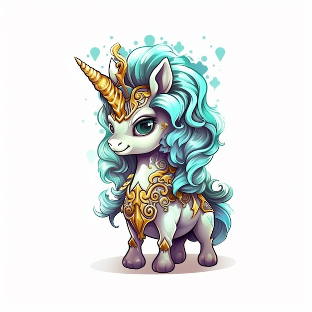 unicorno cartone animato con capelli blu e decorazioni dorate ai