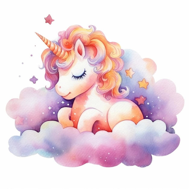 unicorno che dorme su una nuvola con stelle e nuvole intorno ai generativa