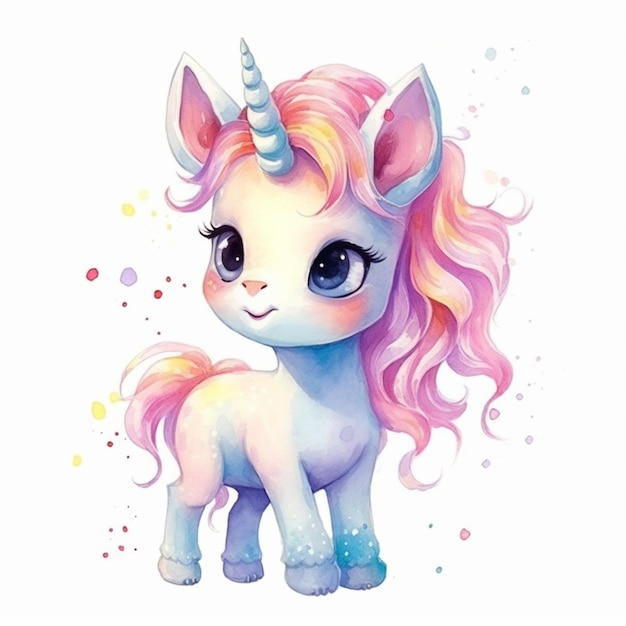 Unicorno con capelli rosa e occhi azzurri in piedi davanti a uno sfondo bianco ai generativo