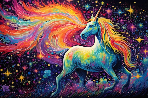 Unicorno con criniera e coda arcobaleno sullo sfondo del cielo stellato Pointillismo spazio unicorno maestoso stelle colorate fantasia magica AI Generato