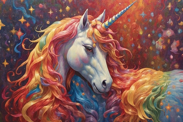 Unicorno con criniera multicolore Pittura fantastica.