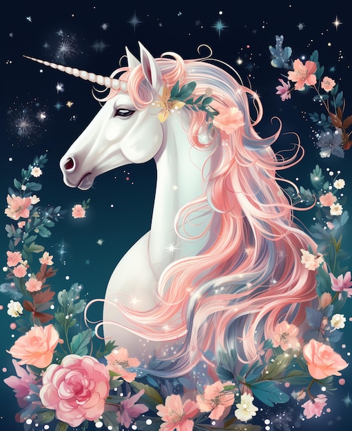 unicorno con criniera rosa e fiori in una cornice floreale ai generativa