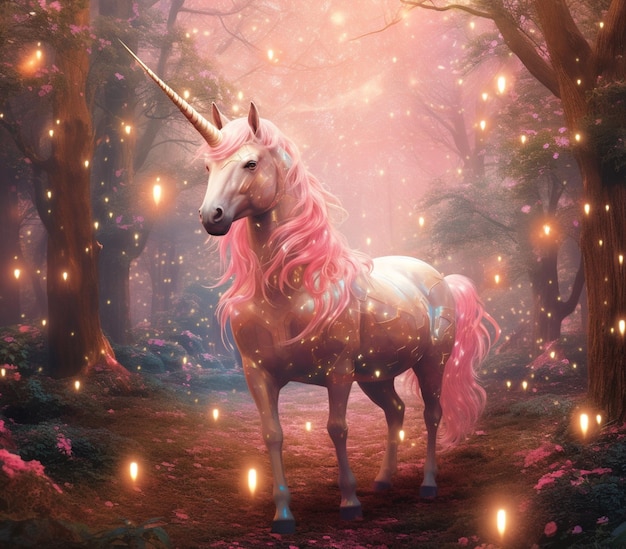 Unicorno con criniera rosa in piedi in una foresta con lucciole ai generative