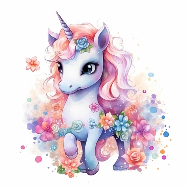 Unicorno con fiori e farfalle sulla testa generativa ai