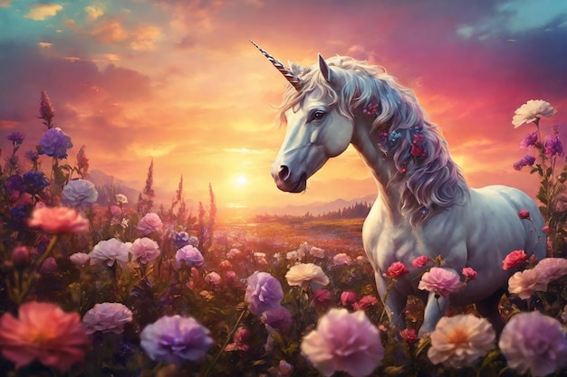 Unicorno con fiori sul prato al tramonto rendering 3D