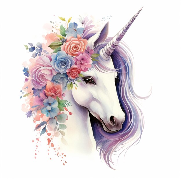 unicorno con fiori sulla testa generativo ai