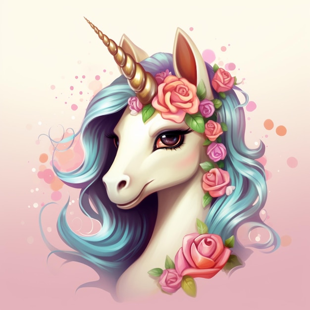 unicorno con i capelli blu e fiori sulla testa generativo ai