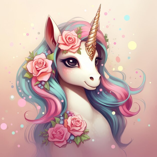 unicorno con i capelli lunghi e fiori nei capelli generativo ai