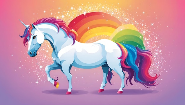 Unicorno con illustrazione sullo sfondo dell'arcobaleno