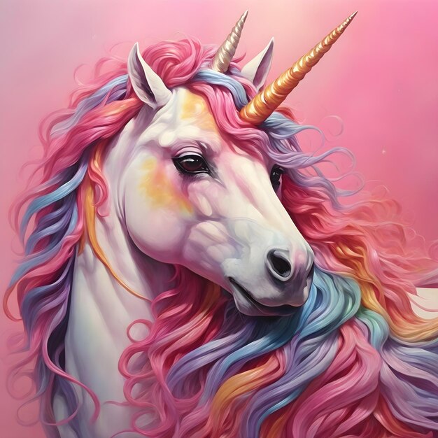 Unicorno con la criniera arcobaleno in mezzo a un cielo rosa