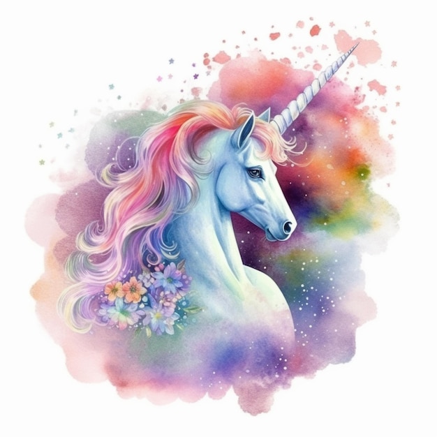 unicorno con lunga criniera e fiori in acquerello ai generativo