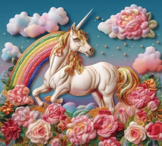 Unicorno con un arcobaleno nel cielo circondato da fiori generativi ai