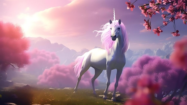 Unicorno con un cielo rosa sullo sfondo