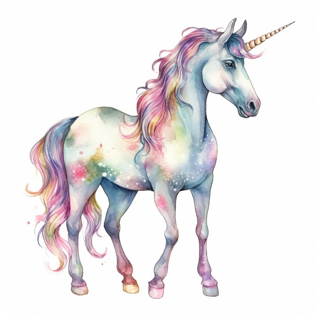unicorno con una lunga criniera e una criniera colorata in piedi di fronte a uno sfondo bianco generativo ai