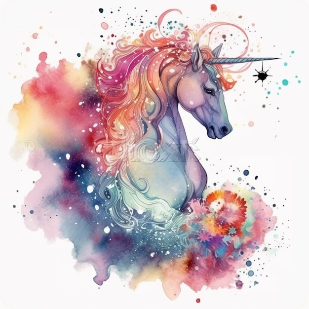 Unicorno dell'acquerello con una criniera arcobaleno.