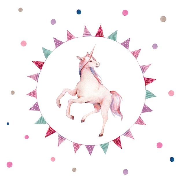 Unicorno dell'acquerello in ghirlanda di ghirlande di bandiera. Illustrazione da favola dipinta a mano con animali fantasia, pois e decorazioni per feste su sfondo bianco. Cartoon baby art