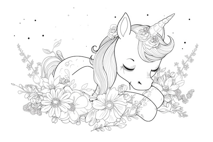 Foto unicorno disegnato a mano con illustrazione di criniera floreale