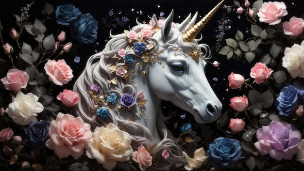 Unicorno e fiori sul nero