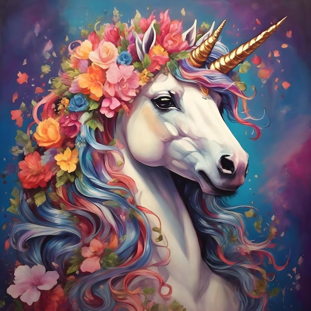 Unicorno in fiore e arcobaleno con corona floreale e criniera vivace