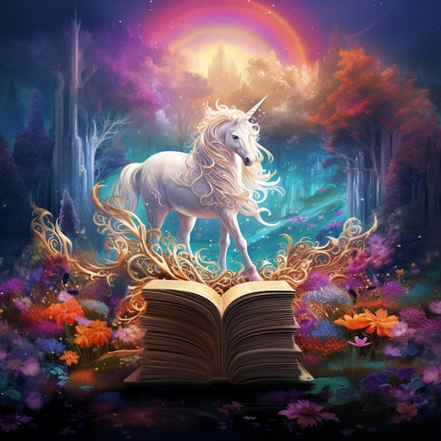 unicorno in piedi su un libro in una foresta fantastica con un'intelligenza artificiale arcobaleno