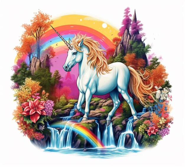 unicorno in piedi su una cascata con un arcobaleno sullo sfondo ai generativa