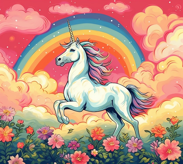 unicorno in un campo di fiori con un arcobaleno sullo sfondo ai generativa