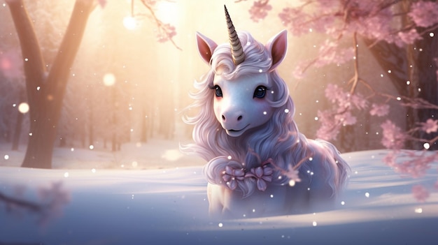 unicorno in una foresta innevata con fiori e alberi rosa generativo ai