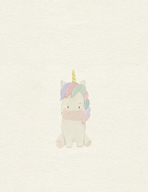 Unicorno magico da favola con criniera arcobaleno, cartolina con unicorno