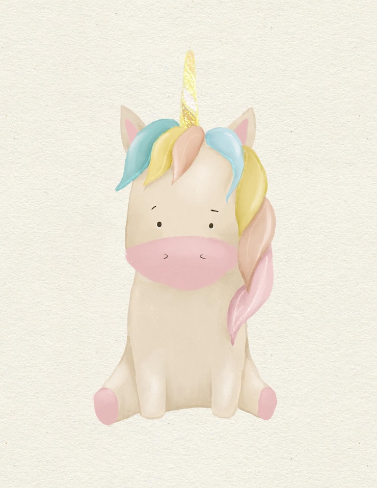 Foto unicorno magico da favola con criniera arcobaleno, cartolina con unicorno