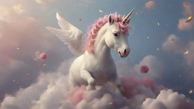 Unicorno nel cielo con le nuvole illustrazione 3D