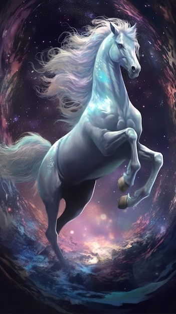 unicorno nel cielo con uno sfondo pieno di stelle ai generativo