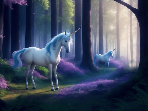Unicorno nella foresta delle favole Illustrazione generativa di IA
