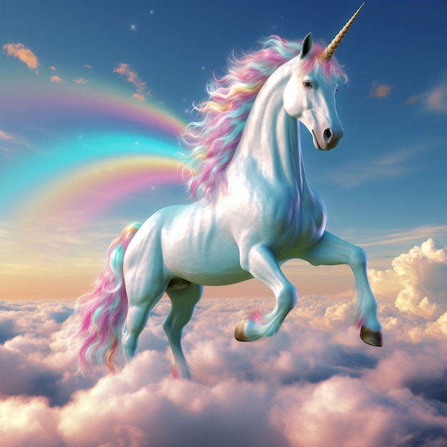 unicorno nelle nuvole con un arcobaleno nel cielo generativo ai