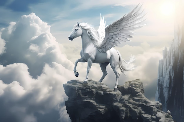 Unicorno pegasus bianco in una scogliera rocciosa alta sopra le nuvole