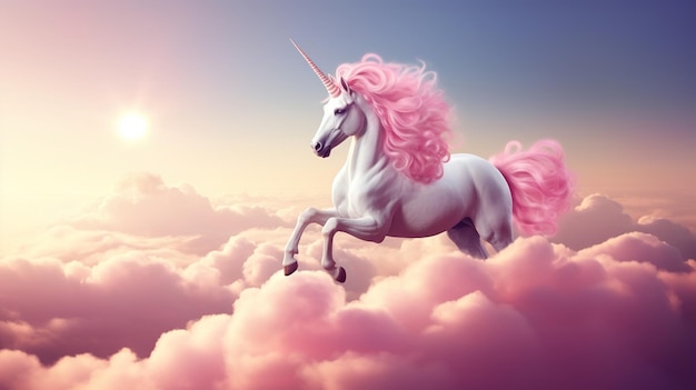 Unicorno rosa sopra le nuvole