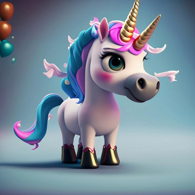 Unicorno soffice realistico 3D con corno sfumato isolato su sfondo blu