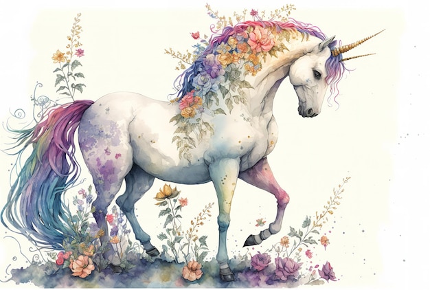 Unicorno tra i fiori in acquerello 6