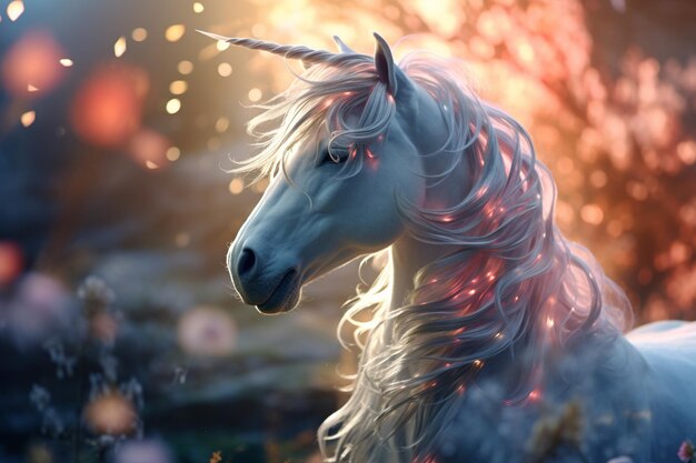 Unicorno una creatura mitica che simboleggia la virtù un cavallo con un corno arcobaleno fiaba coda lucida criniera pony bianco bellissimo simpatico mito animale magico