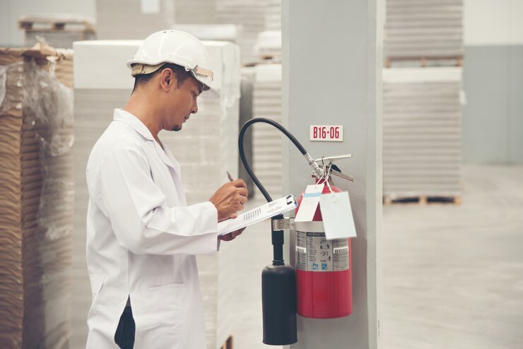 Uniforme bianca del giovane che controlla attrezzatura di sicurezza alla fabbrica Tailandia del deposito.
