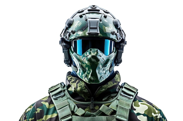 Uniforme da soldato con moderno casco verde per la protezione della guerra su sfondo bianco utilizzando l'uomo fantasma