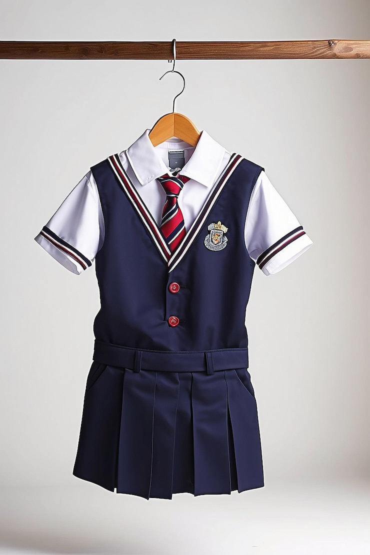 Foto uniforme scolastiche per bambini e adolescenti su appendiabiti